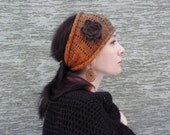 Gipsy Rainbow -  hand knitted headband  ear warmer with crocheted flower brooch