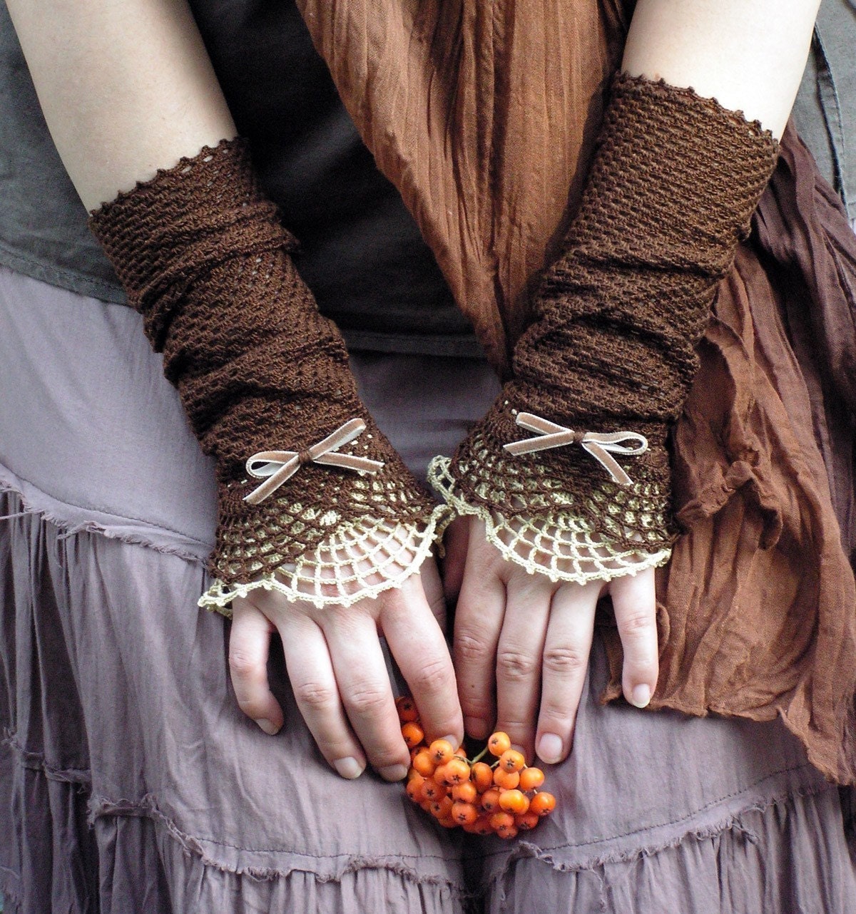 Miss Eyre - crocheted open work lacy romantic fall fasion wrist warmers cuffs in brown and beige