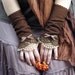 Miss Eyre - crocheted open work lacy romantic fall fasion wrist warmers cuffs in brown and beige