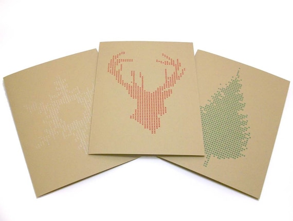 Modern Cross-Stitch Winter Cards- Tree, Deer & Snowflake
