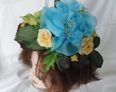 Bridal, hand made, blue organza rose and silk English roses, corsage, wrist corsage, hat or hair pin