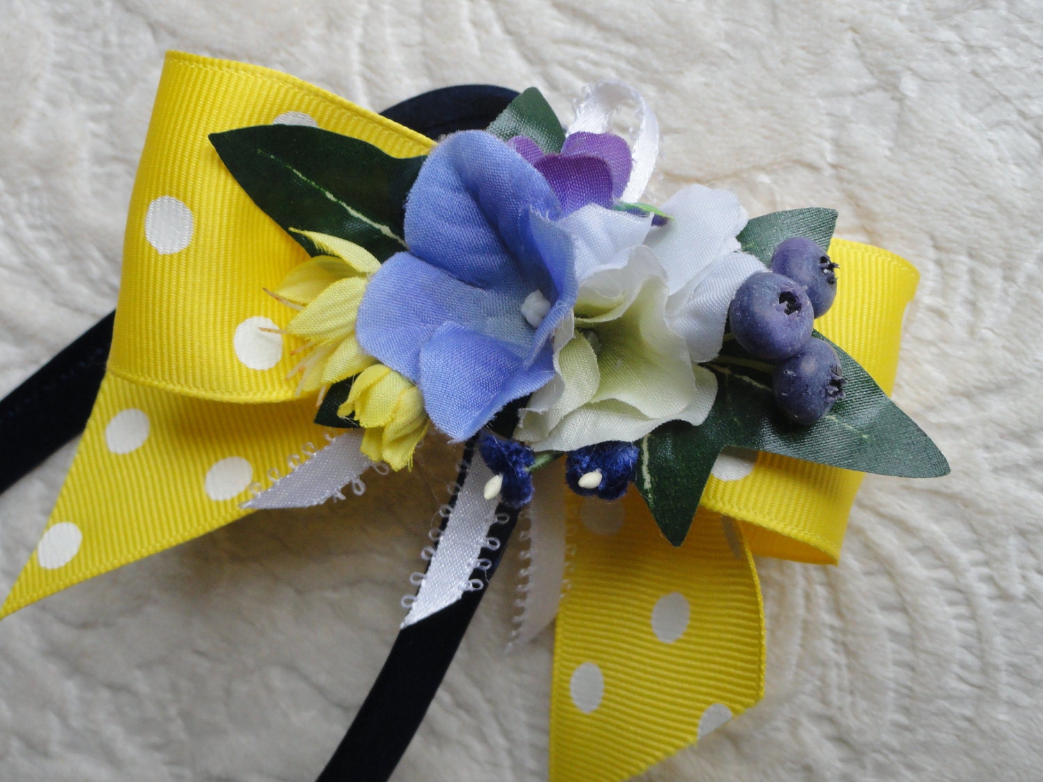 Hand made, head piece,  bridal flowers, yellow polka dot, headband, wedding flowers