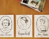 author portraits - set of 3 - letterpress prints - Virginia Woolf, Edgar Allan Poe, Jane Austen