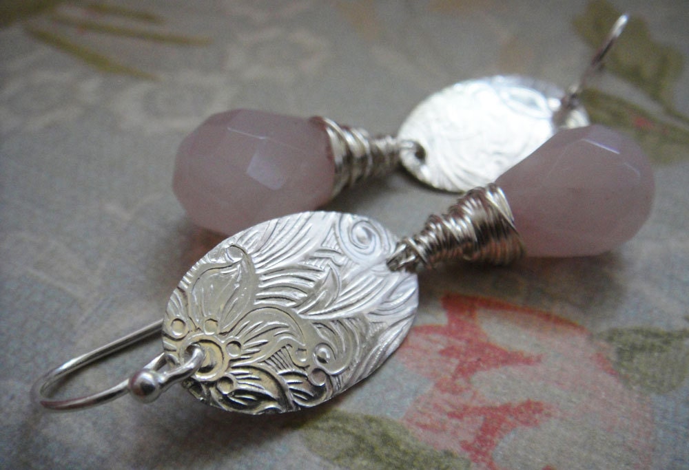 Floral Stamped Sterling Silver and Rose Quartz Earrings