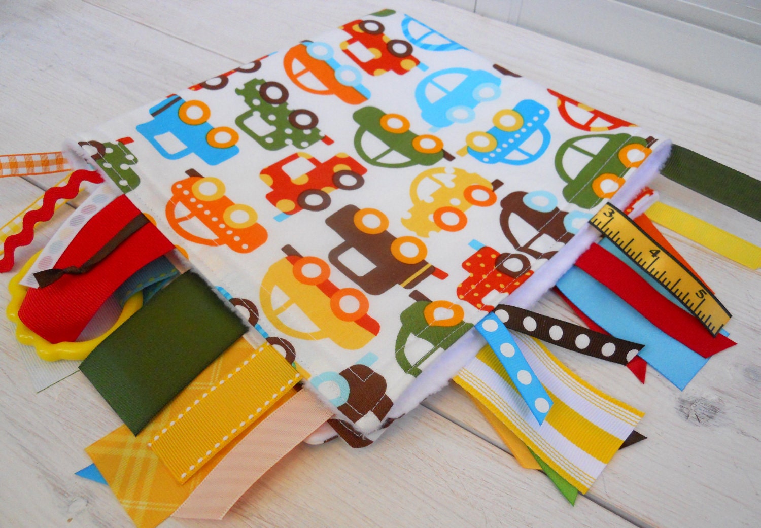 Tag Blanket - Fleece Baby Boy Blanket - Ribbon Tag Lovie - Ready Set Go