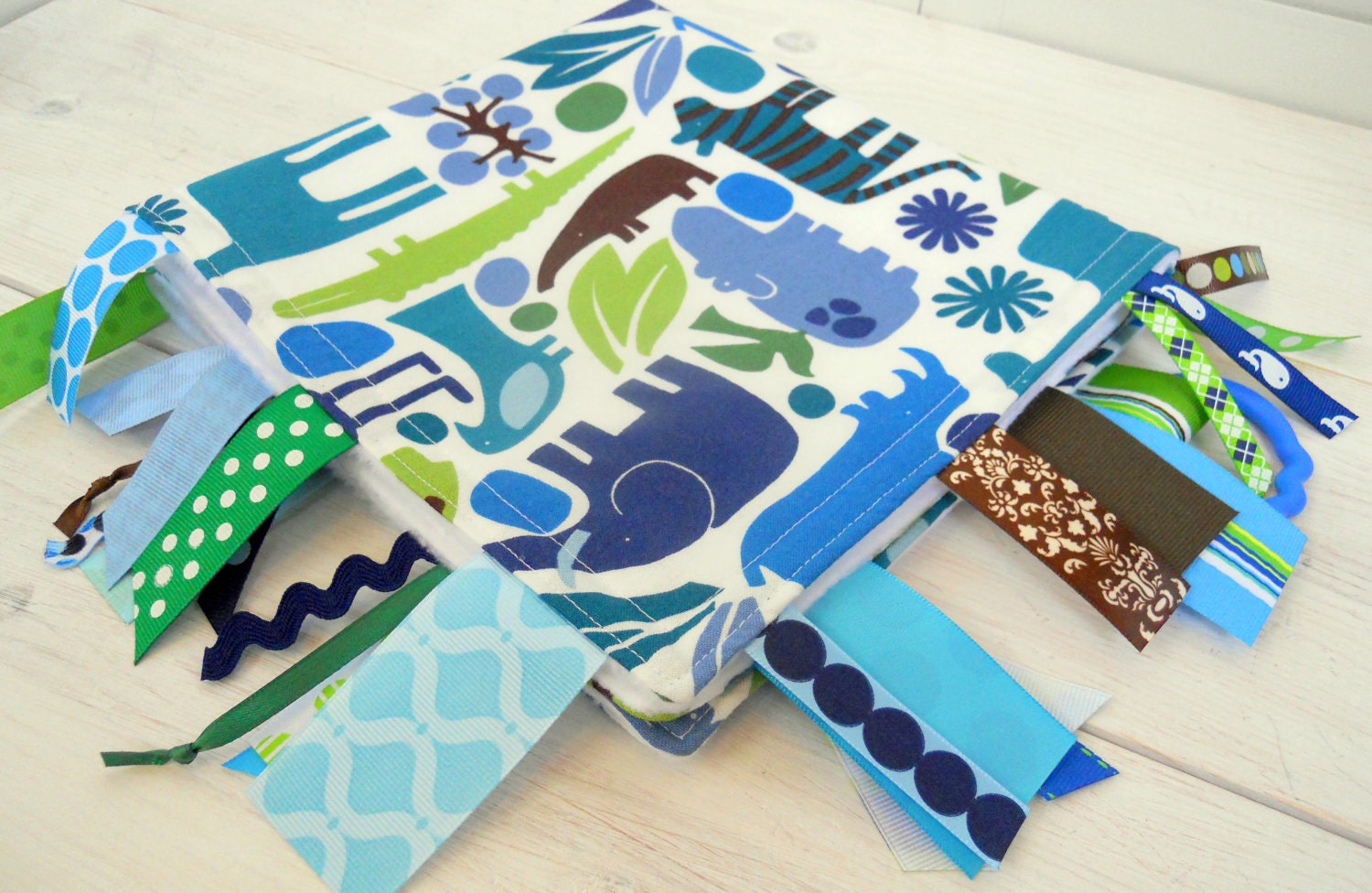 Baby Tag Blanket - Sensory Blanket - Day at the Zoo in Blue