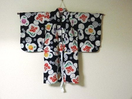 Cotton Yukata Kimono Coat In Dark Blue And White With Colorful Flower Butterfly Design, From Japan