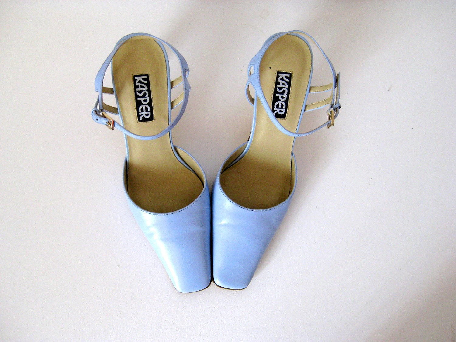 Blue Pastel Pumps, Leather Platforms, Powder Blue Ankle Strap by Kasper, 7