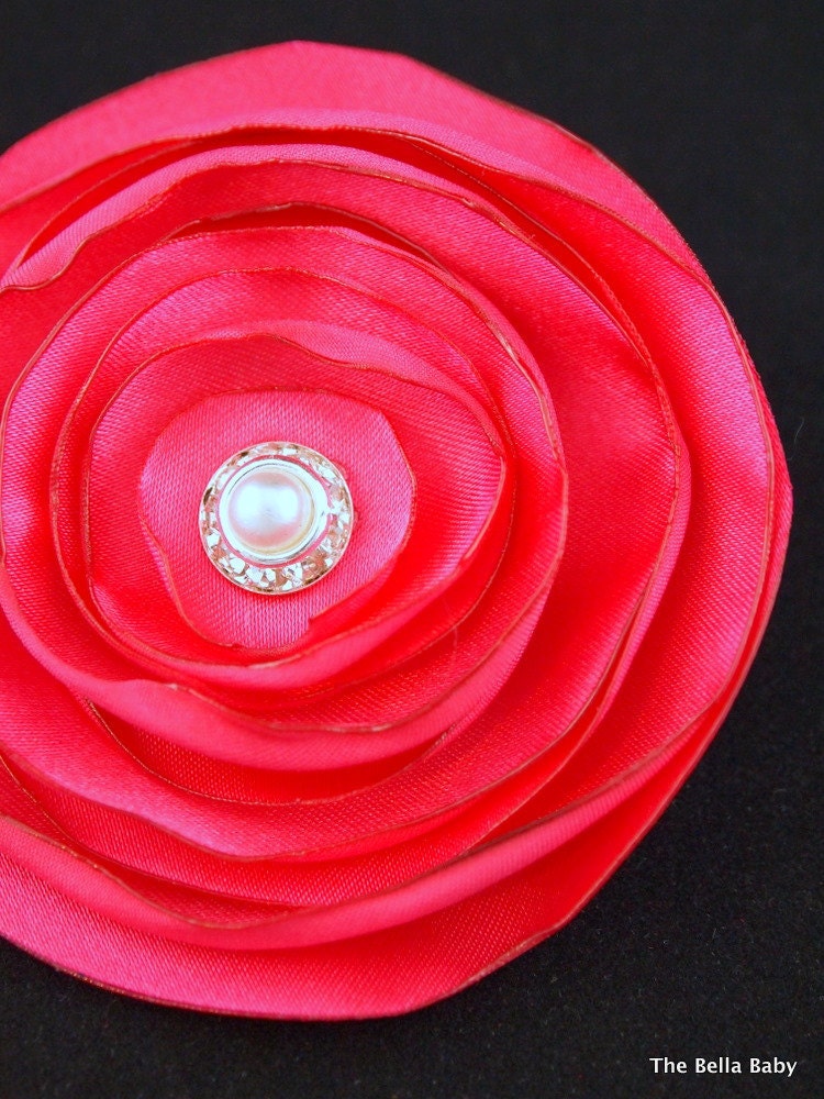 The Bella Baby Medium Rose Pink Satin Fabric Burn Flower Hair Clip With Faux Pearl & GRADE A Rhinestone Center