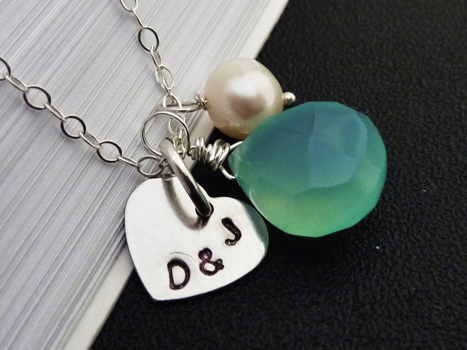 PERSONALIZED SILVER HEART CHARM WHITE PEARL AQUA BLUE CHALCEDONY NECKLACE in Sterling Silver Chain