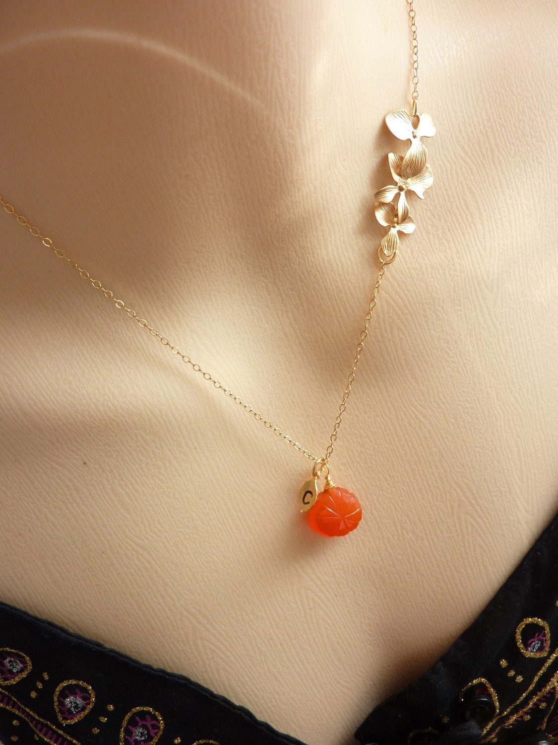 Custom Stone and Initial Necklace - Carved Orange Carnelian, Custom Initial Leaf, Triple Orchids Necklace in 14k Gold Filled chain
