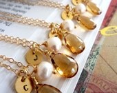 Custom Initial and Stone - AAA Beer Quartz Custom Initial Gold Disc Pearl Necklace in 14k Gold Filled Chain Necklace