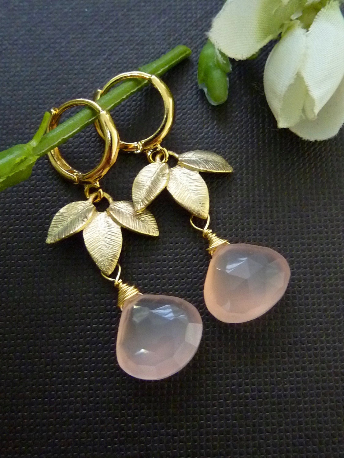 Sales - Custom Stone Earring - Rose Quartz Chalcedony, 3 Petal Leaves, Golden Hoop Earrings