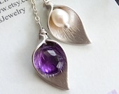 Purple Amethyst and Fresh Water Pearl Calla Lily Flower Lariat Necklace in Sterling Silver Chain