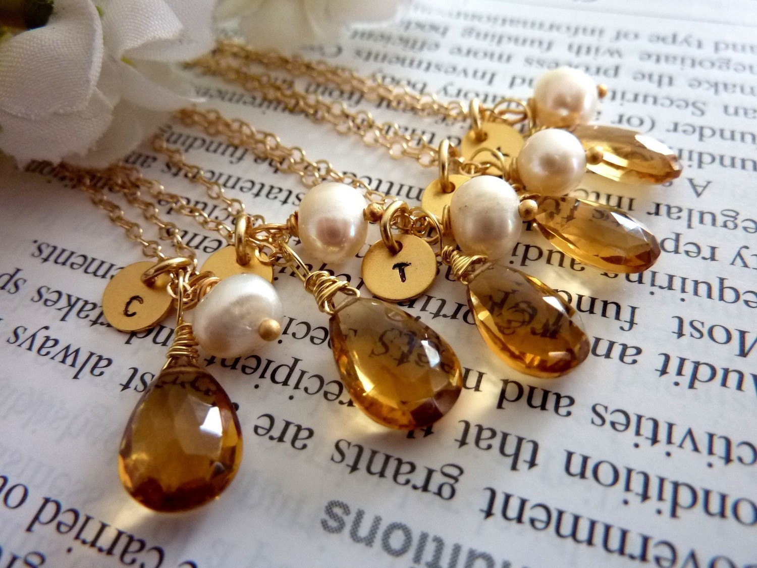 CUSTOM INITIAL AND STONE - AAA GOLDEN CITRINE CUSTOM INITIAL GOLD DISC PEARL in 14k Gold Filled Chain Necklace