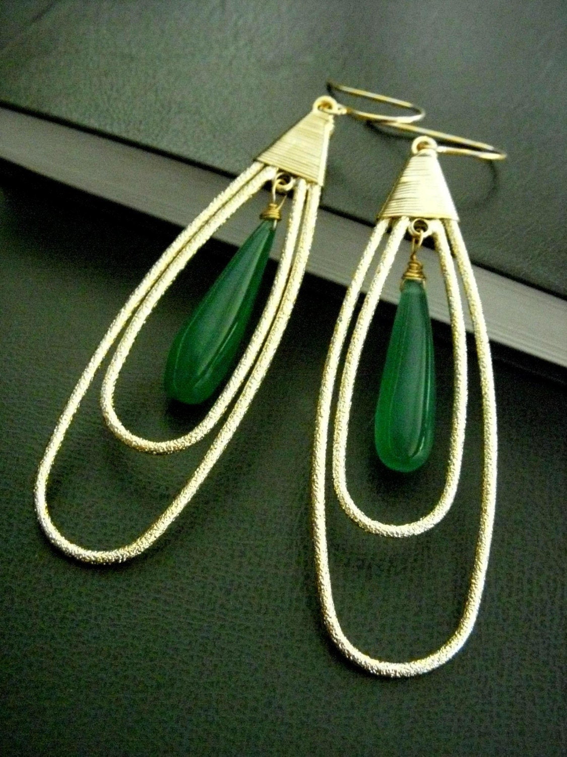 LAST ONE - Elongated Green Onyx 16k Golden Long Double Hoop Earrings