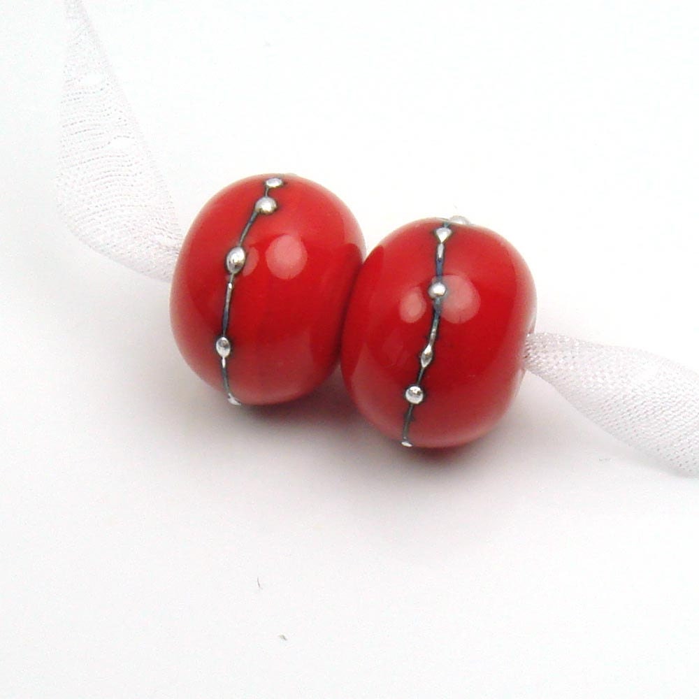 Handmade lampwork beads - Red and Silver Wire - glass beads, earring pair