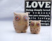 Owls Mother and child  with red flowers handmade pottery