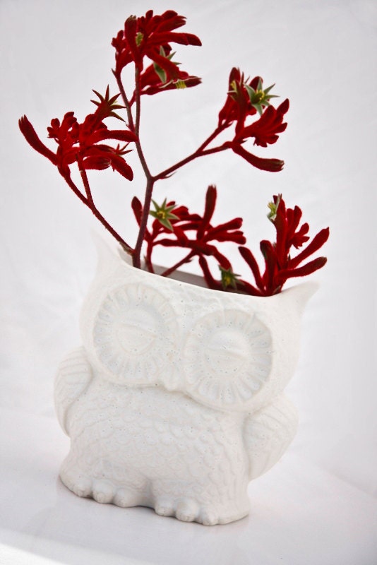 Planter owl rustic white vintage mod home decor