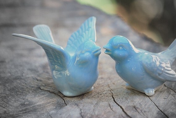 Bird Wedding cake toppers in robins egg blue love birds in a wedding dance