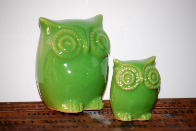 Ceramic  owls home decor in spring green