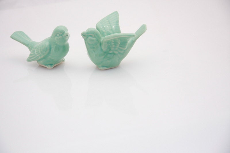 Bird wedding cake toppers in mint green love birds in a wedding dance