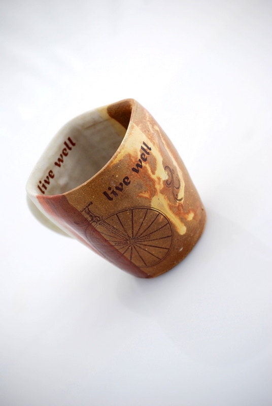 ceramic Mug wheel thrown cup in rustic golden brown vintage bicycle