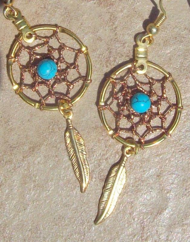 Gold, Turquoise and copper dream catcher earrings