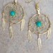 DREAM CATCHER Earrings with Gold, Turquoise and three feathers 1" Dream web