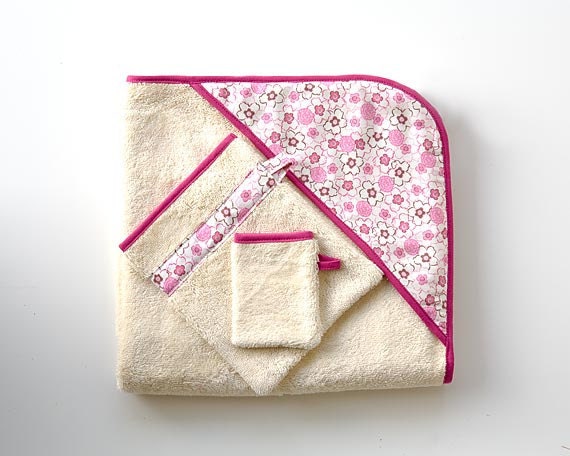 Eco Apron Towel with Honeysuckle Pink Flowers, Organic cotton and Bamboo Baby Hooded Towel in Cabaret Pink and Natural, gift under 100