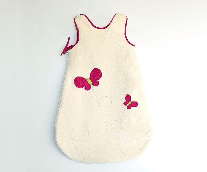 Butterfly Sleep Sack for ORGANIC Baby and Toddler Girls, with Hot Pink Butterflies, 100% organic coton, Girls Sleeping Bag