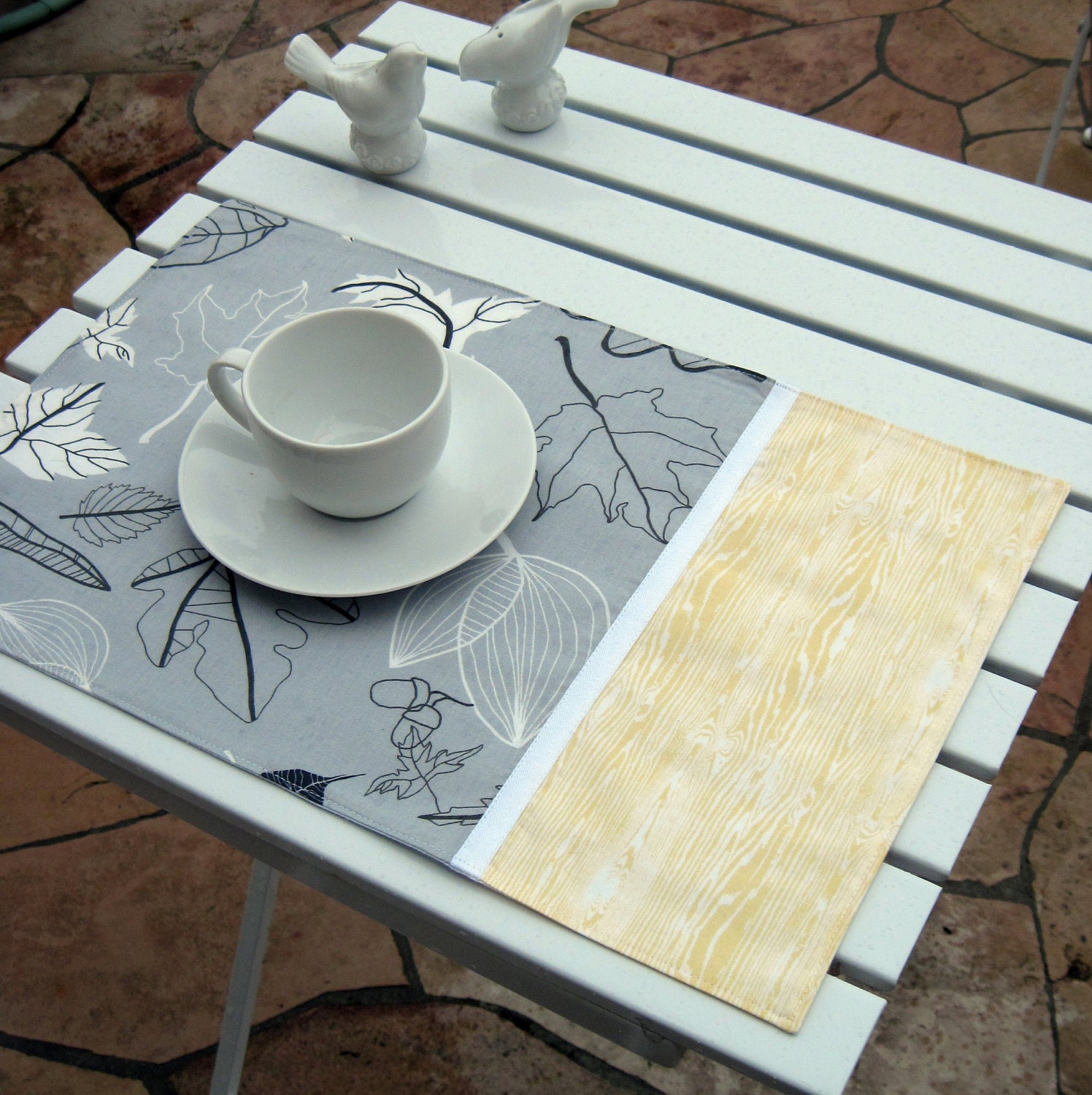 Yellow Wood Grain and Gray Acorn and Leaf Placemats, Set of Two - Hostess, Birthday, Co-worker Gift