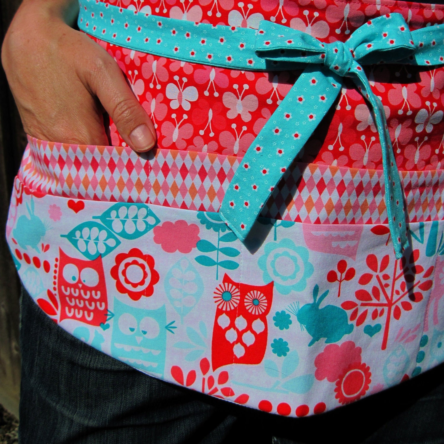 Teacher Utility Apron Owls and Butterflies Eight Pocket Utility Apron in Red, Pink and Aqua Classroom Elementary Preschool