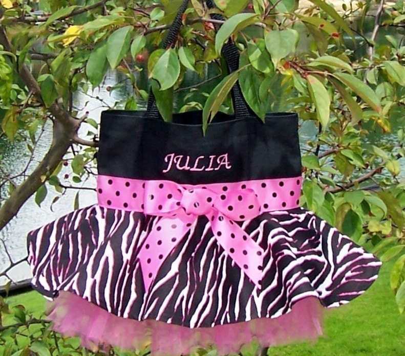 Girls Embroidered and Personalized Dance with a Hot Pink and Zebra Skirt Mini Tutu Tote Bag - SMTB20