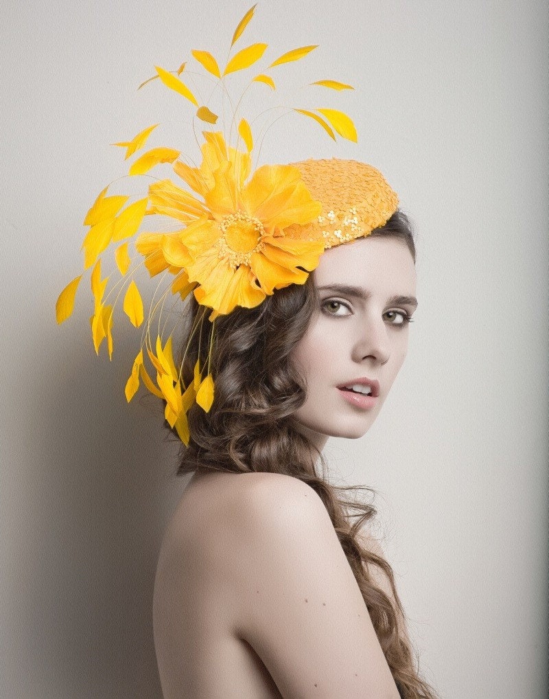 Golden yellow Fascinator, Cocktail hat, Derby Hat, Buy Fascinator