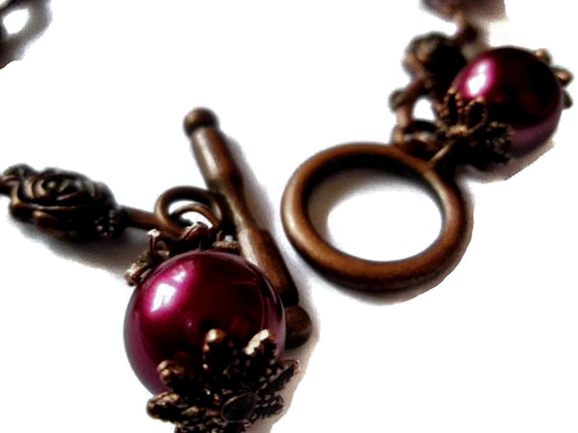Vintage style Copper Rose and Glass Pearl Bracelet
