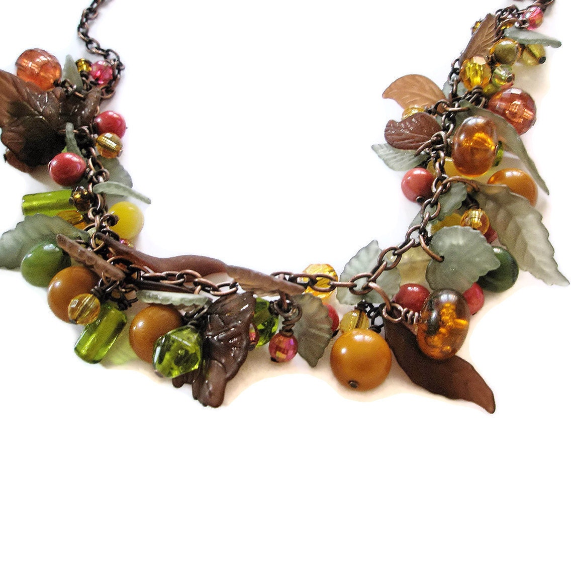 Necklace beads Copper Autumn wedding fall bride orange green red brown leaves and berries MADE TO ORDER