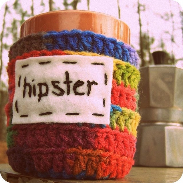 Hipster funny coffee mug tea cup cozy rainbow red blue green crochet handmade cover