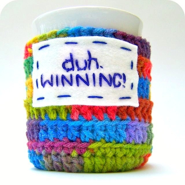 Coffee Mug Cozy Tea Cup duh Winning red blue green bright crochet cover