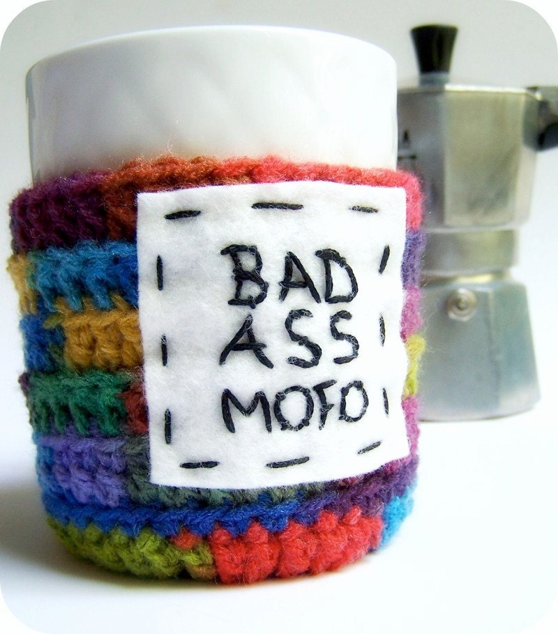 Funny Coffee Mug Cozy Tea Cup Bad Ass Mofo rainbow crochet cover