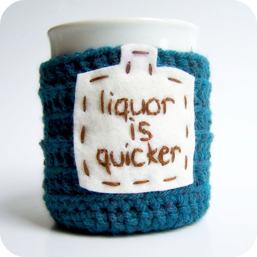 Funny Coffee Mug Cozy Tea Cup deep teal brown crochet handmade cover
