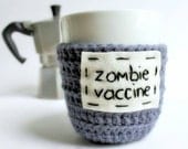 Coffee Mug Zombie Vaccine Tea Cup Cozy blue purple crochet cover