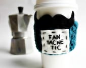 Coffee Cozy Travel Mug To Go Cup Mustache Teal Black White crochet handmade cover