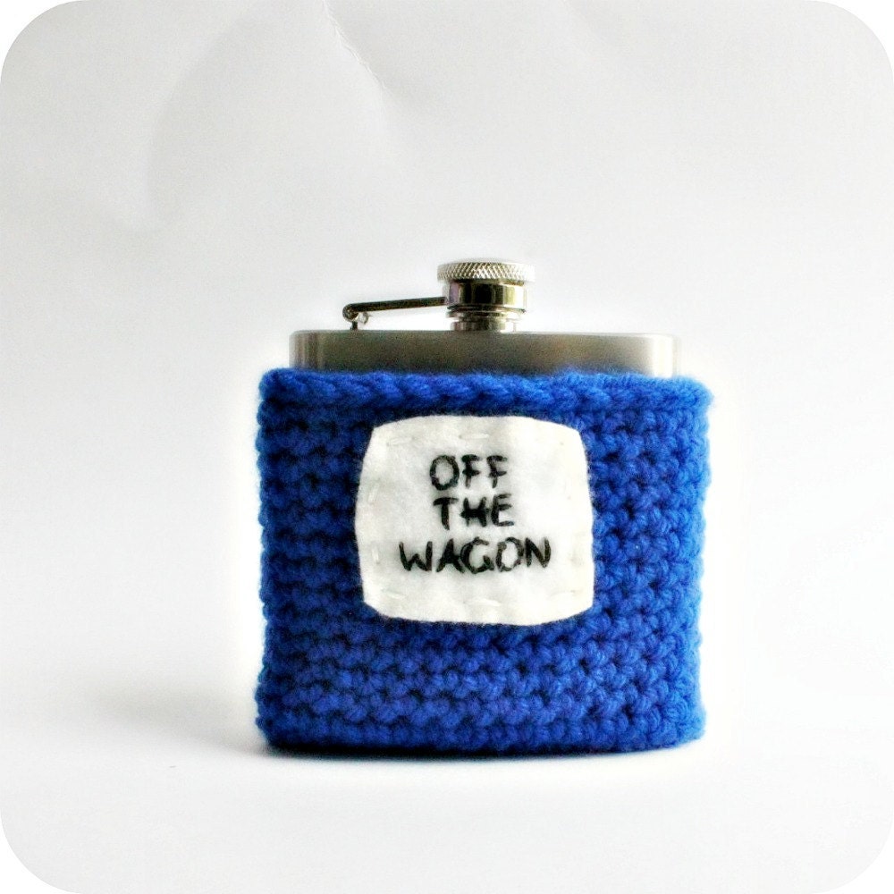 Funny Flask Cozy Off the Wagon royal blue white black crochet handmade cover graduation fathers day