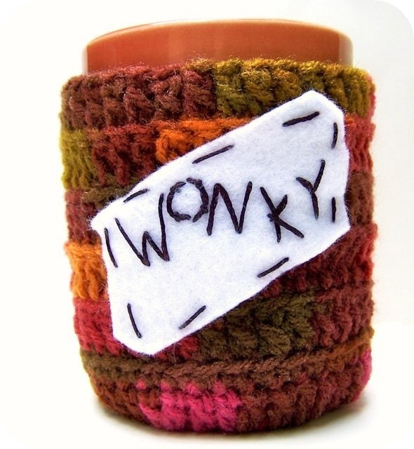 Funny coffee mug cozy tea cup wonky brown gold pink crochet fall handmade cover