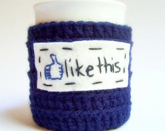 Like Funny Coffee Mug Cozy tea cup navy white Facebook crochet handmade cozy cover