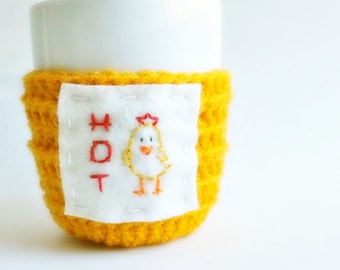 Funny coffee mug cozy tea cup Hot Chick golden yellow Easter spring farm crochet cover