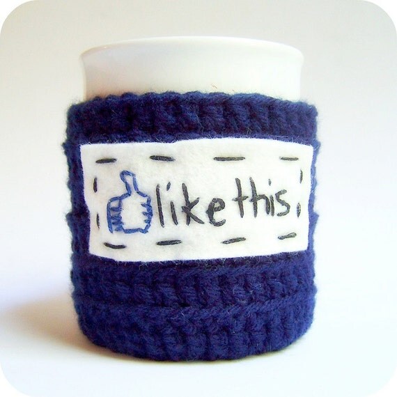 Like Funny Coffee Mug Cozy tea cup navy white Facebook crochet handmade cozy cover