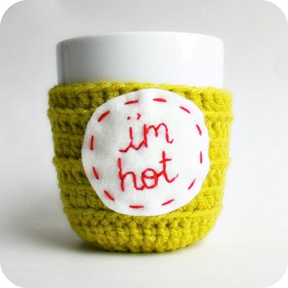 Coffee Mug Cozy Tea Cup Im Hot chartreuse red white crochet handmade cover