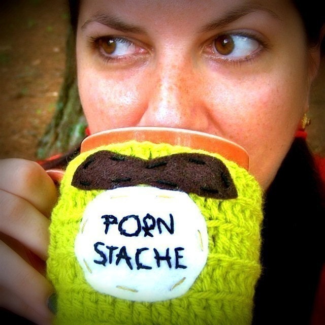 Coffee Mug Tea Cup Cozy Porn Stache chartreuse crochet cover